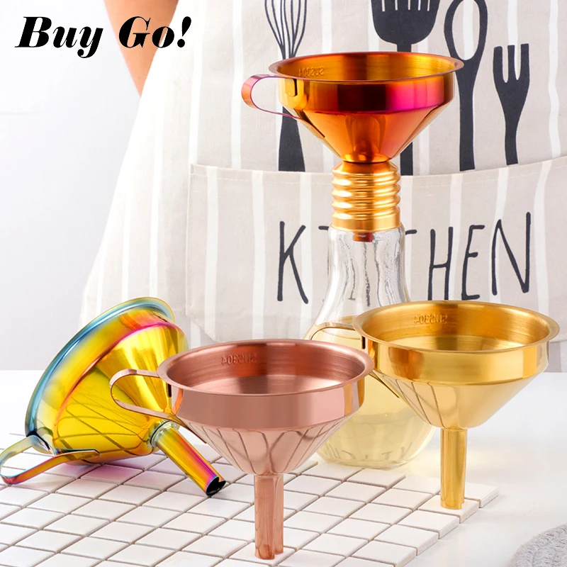 

Functional Stainless Steel Gold Funnel Kitchen Oil Liquid Metal Funnel With Detachable Filter/Strainer for Canning Kitchen Tools