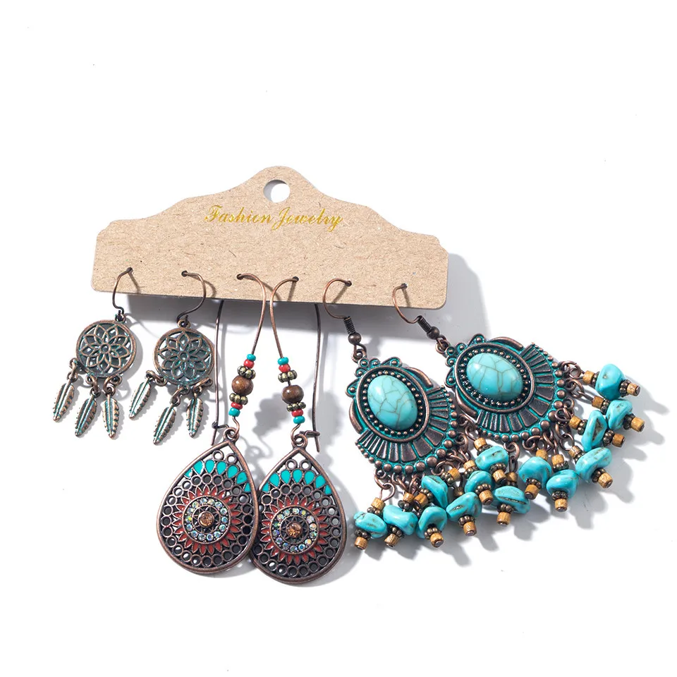 Conjunto de brinco de folha de flor grande do vintage Declaração de jóias feminino Bohemia étnica entrega de bronze longa brincos pendurados para mulheres - Metal Color: Set-5