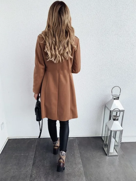 

WEPBEL Women's Casual Long Sleeve Double Breasted Turn-down Collar Coat Autumn and Winter Solid Color Fashion Slim Long Coat