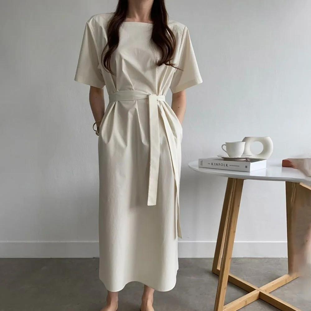 

Korea Fashion 2021 Summer New Simple Square Collar Temperament Lace-up Ladies Dress Solid Color Casual Summer