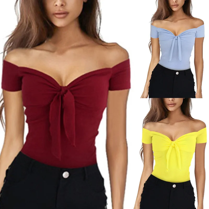 Женские топы сплошной цвет v-образный вырез с открытыми плечами короткими