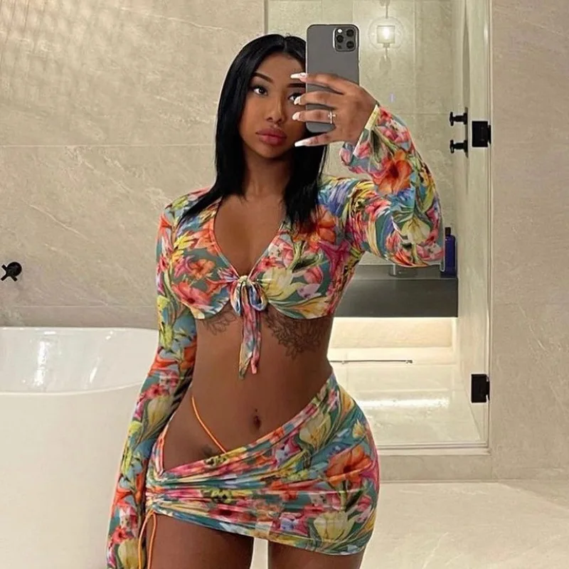 

Mossha Floral print women swimsuit Long sleeve bikinis Brazilian beachwear Sexy low waist swimwear female String bathing suit