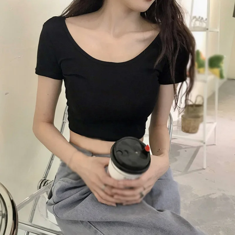 

Solid Color Female Round Neck T-Shirts Korean Style Short Sleeved Slim Women Summer Backless Short Top