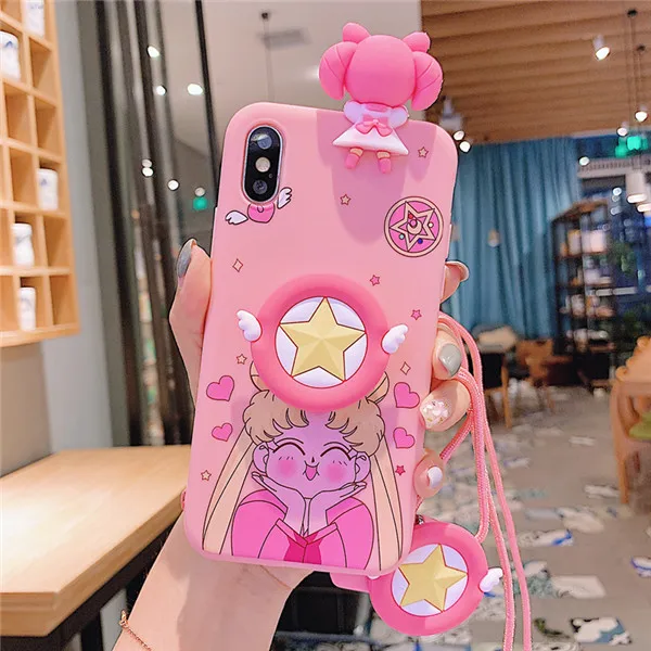 TPU Bracket 2 Милый протектор экрана Сейлор Мун чехол для телефона аниме для iPhone 11 Pro Max X XS MAX XR 6 6s 7 8 Plus для задней крышки из закаленного стекла - Color: TPU Bracket 2