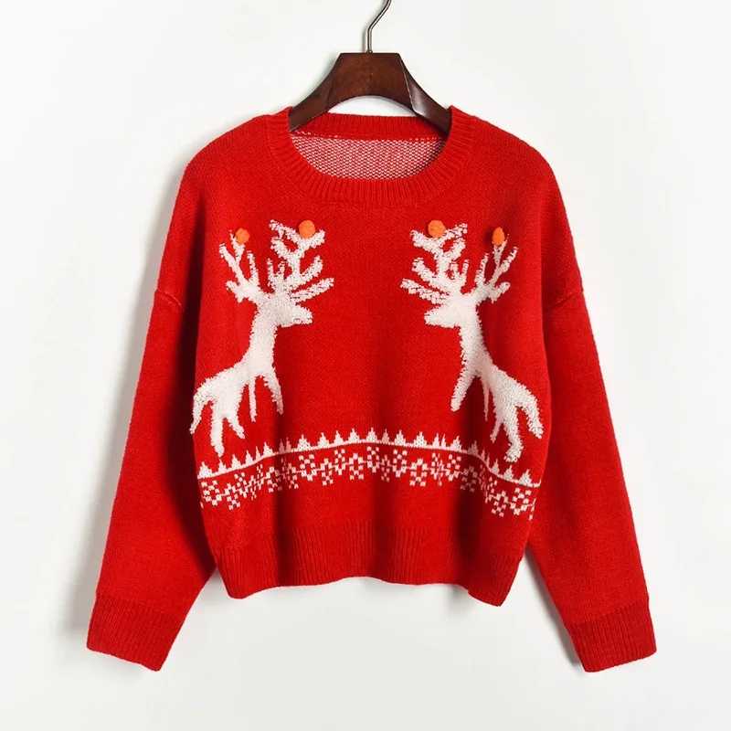 

Women Crop Christmas Sweater Oversized Sweater 2021 Winter Women O-neck Hair Ball Elk Jacquard Knit Christmas Sweater Red