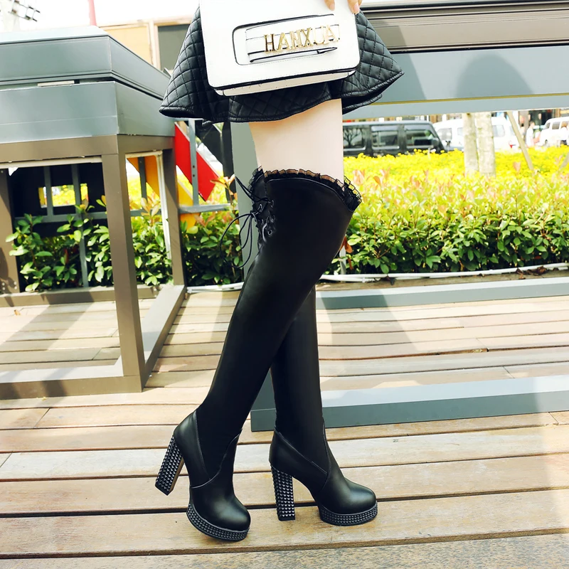 Милые белые длинные сапоги женские зимние новые выше колена на высоком каблуке