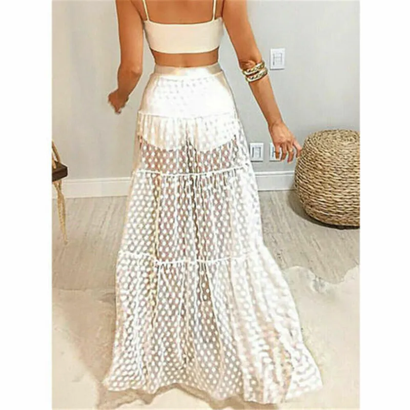 

Women Summer Fashion Beach Sundress Boho Maxi High Waist Sheer Skirt Retro Polka Dot Long Skirts Club Party