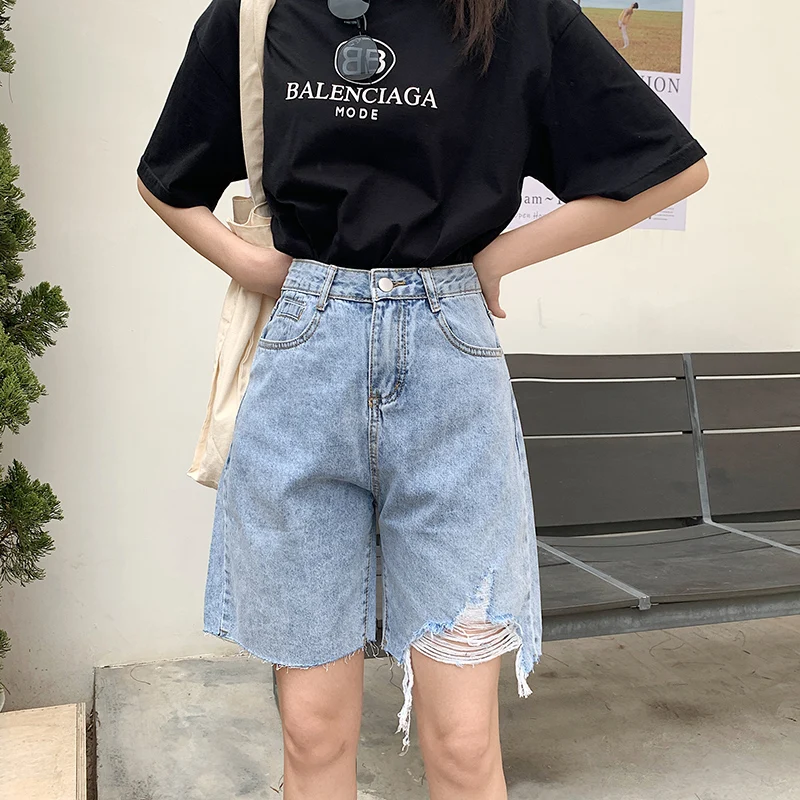 

Ripped Denim Shorts Women's Summer 2021 New Loose High Waist Thin A-Line Five-Point Pants Trend