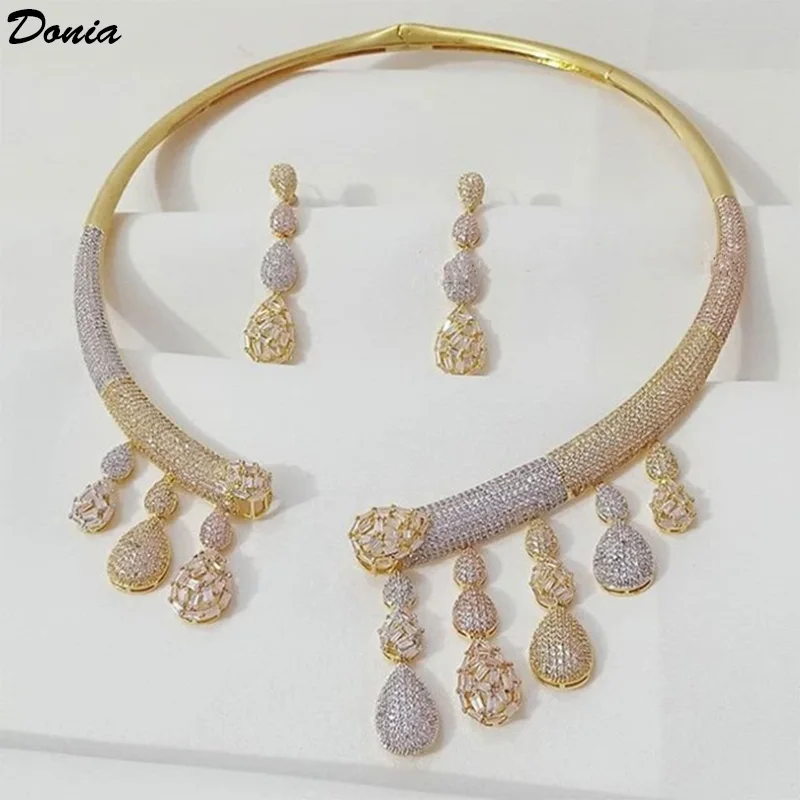 

Donia jewelry Fashion jewelry selling copper inlaid AAA zircon rose gold tri-color exaggerated circular drop collar set