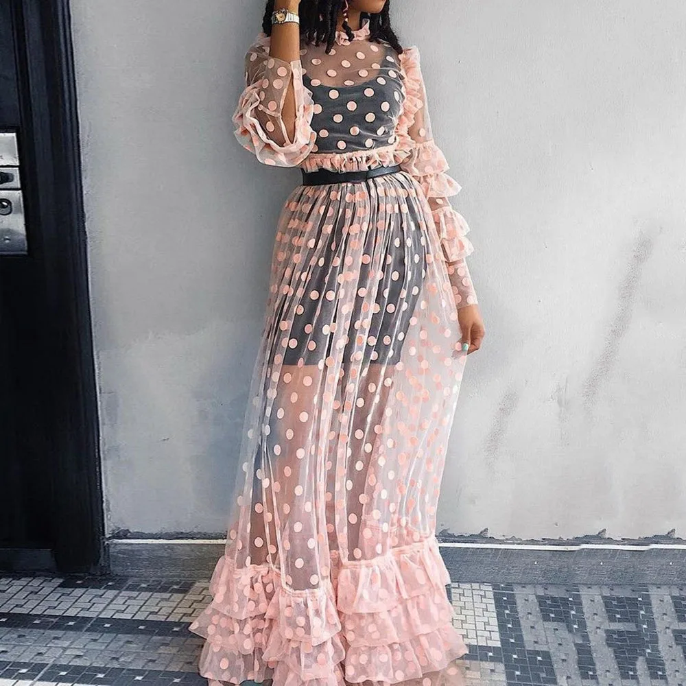 

Pink See Through Mesh Dress Sexy Sheer Polka Dot Long Sleeve Plus Size High Waist Sweet Ruffle Women Club Party Long Dress Fall