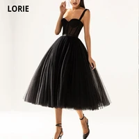 lorie black prom dresses spaghetti strap a line tulle tea length new fashion short evening wedding party gown for graduation