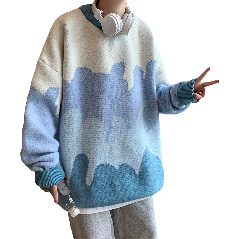 

Harajuku Style Color-Block Crew Neck Sweater Men's Fashion Brand Loose Street Couple Pullover Sweater Fashion