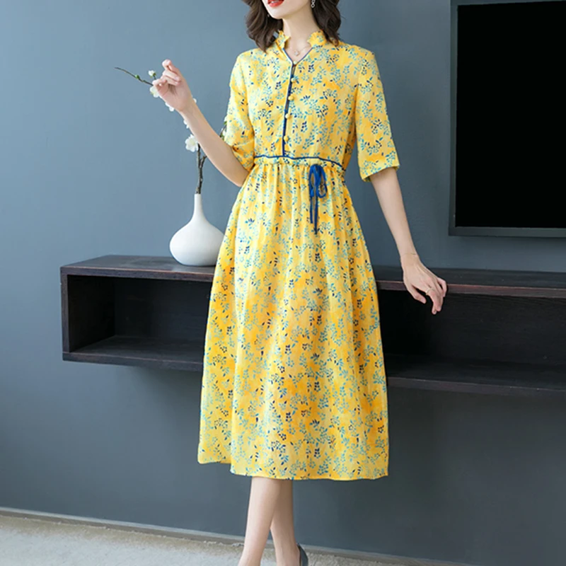 

Summer Women Vintage Yellow Print Cotton Linen Dress 2021 Casual M-3XL Plus Size Floral Midi Dress Elegant Party Vestidos