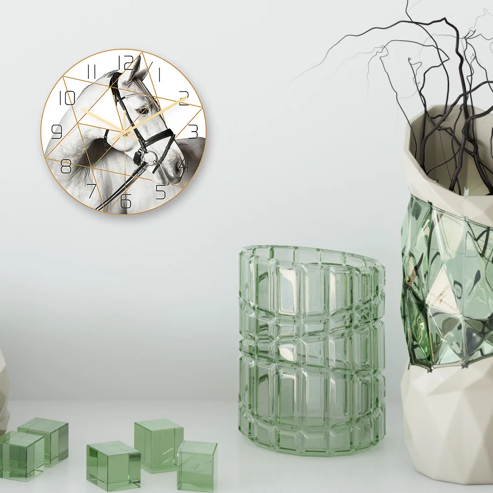 

European style creative light luxury horse head marble wall clock Acrylic UV printing clock living room decoration