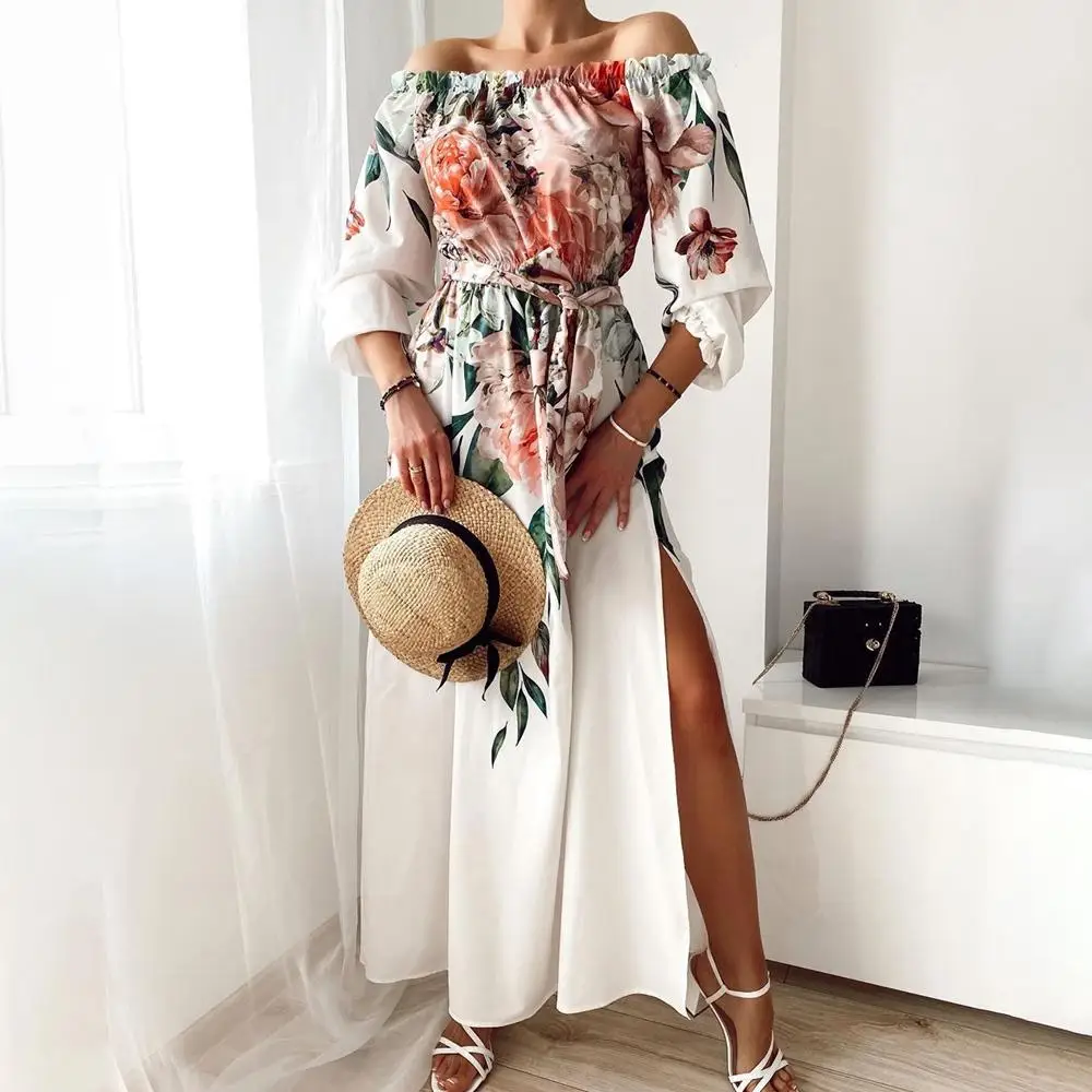 Летнее платье с открытыми плечами и цветочным принтом женское осеннее