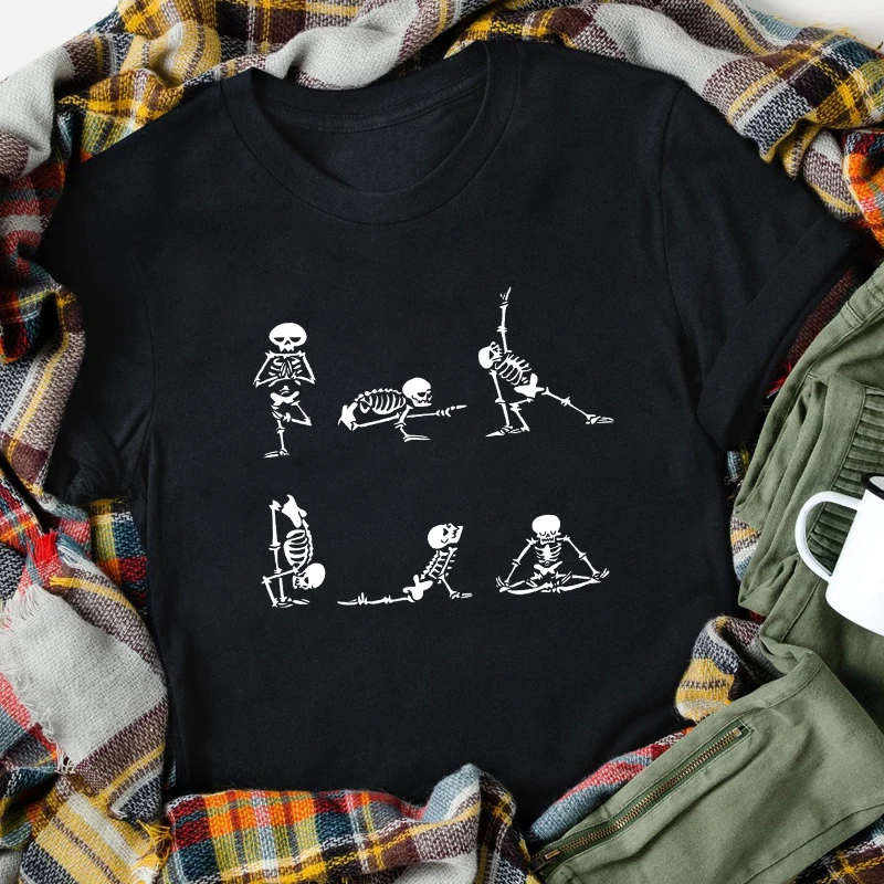 Футболка для Хэллоуина йоги скелета забавная Женская футболка тренировок в