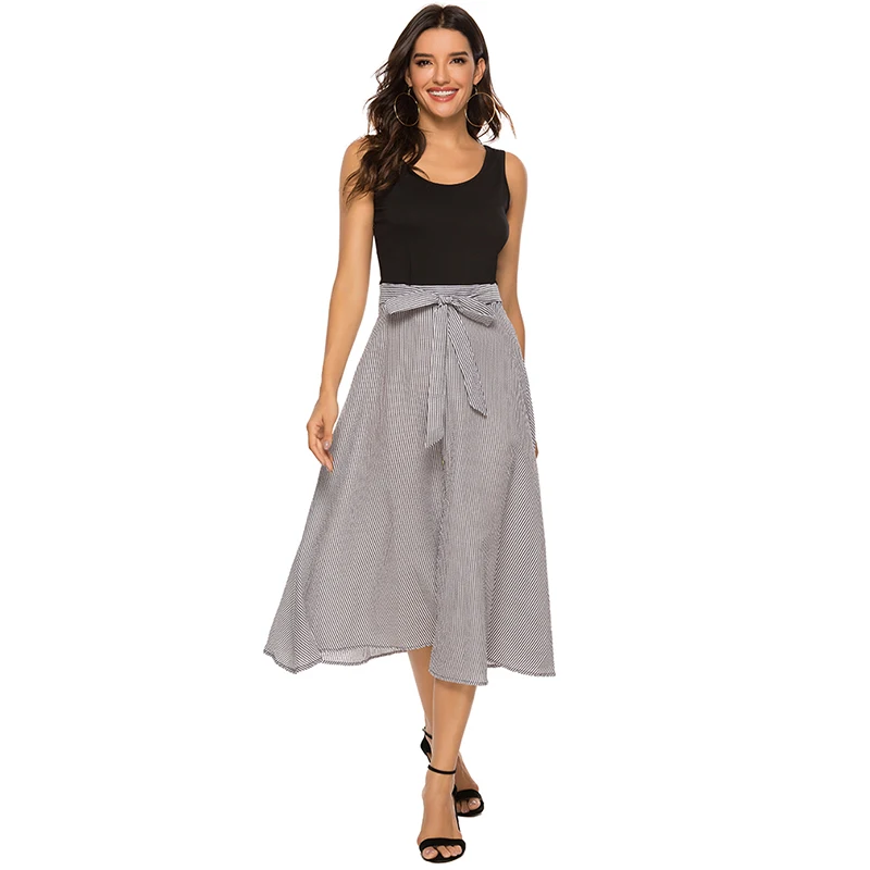 Женское платье с круглым вырезом повседневное модное платье-жилет в полоску