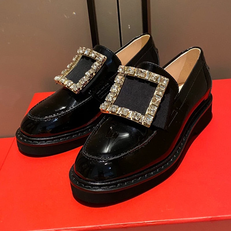 

Лоферы женские на толстом каблуке, натуральная кожа, квадратные пуговицы, со стразами, повседневная обувь, Осень-зима