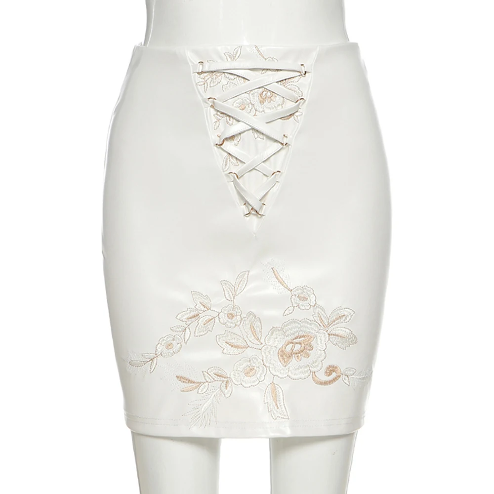 

Floral Embroidery White Skirt Bodycon Mini Skirt High Waist Lace Up Bandage Drawstring Woman Skirts Streetwear Pencil Skirt