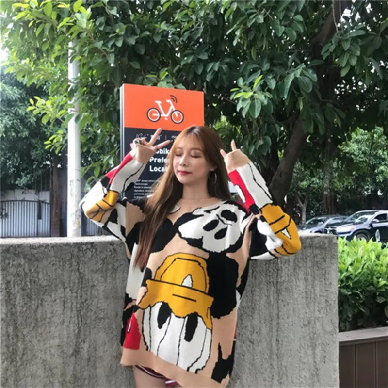 YASUGUOJI корейский свитер с мультяшным принтом вязаные зимние пуловеры свободный