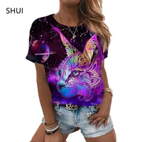 2021 summer new ladies short sleeved tops galaxy space fantasy 3d printing color starry sky cute cat casual fashion clothing