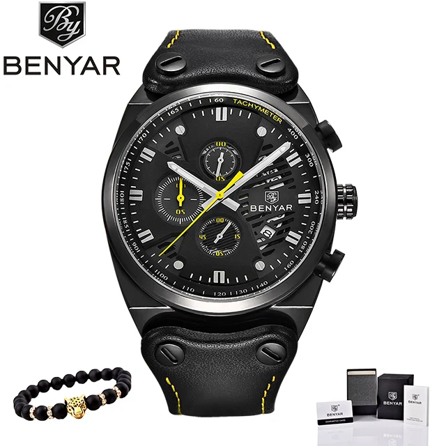 L-black yellow Benyar часы мужские роскошные Топ бренд мужские s водонепроницаемые часы мужские спортивные наручные часы Мужские часы с кожаным ремешком Relogio Masculino - Цвет: L-black yellow