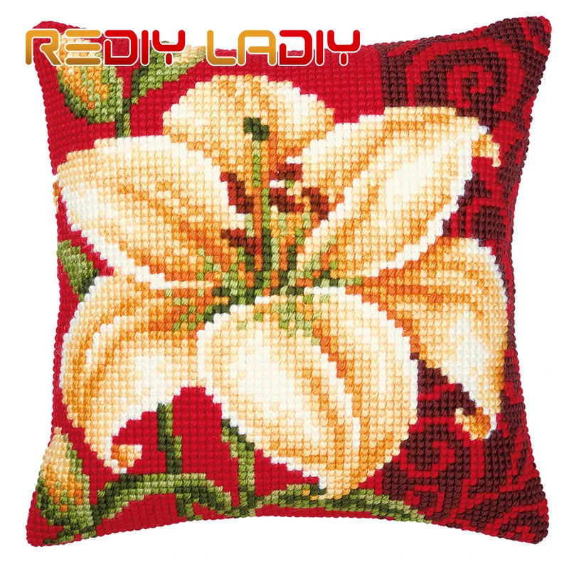 

Cross Stitch Cushion Front Lily Orchid Calla Rose Pillow Chunky Cross-Stitch Kit 100% Acrylic Yarn Pillow Case Home Decor Crafts