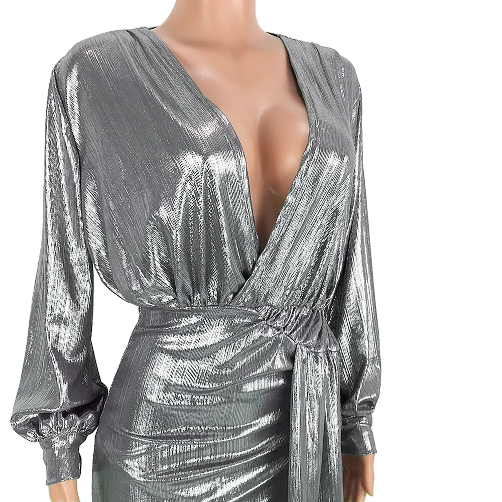 

2019 new sexy deep v neck women dress long sleeve tie up waist irregular bodycon club dresses vestidos