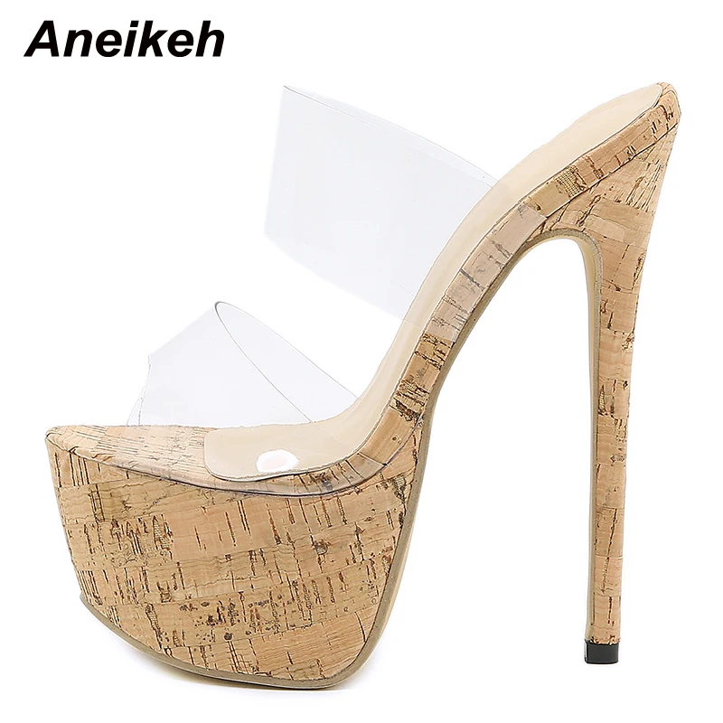 Aneikeh 2022 NEW Rome PVC Ultra High Sexy Summer Slippers Women Shoes Fashion Platform Solid Stiletto Heels Shallow Slides Party | Обувь