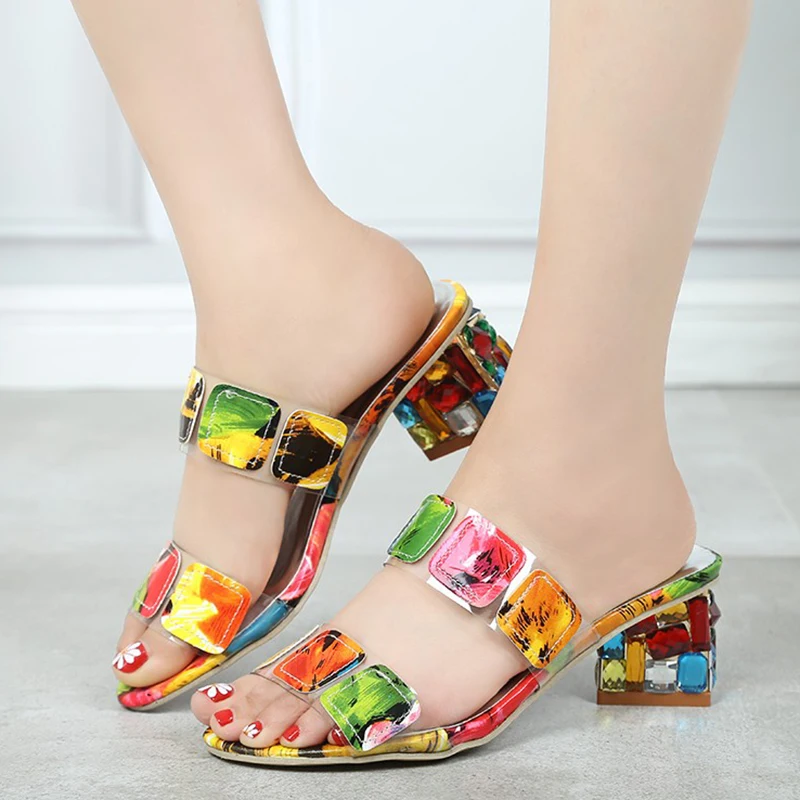 Шлепанцы Rimocy женские на высоком каблуке хрустальные сандалии открытый носок