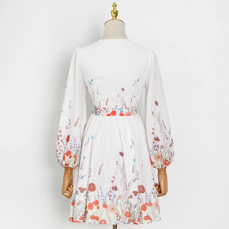 

TWOTWINSTYLE Temperament Print Dress For Women V Neck Long Sleeve High Waist Hit Color Mini Dresses Female Fashion New Clothes