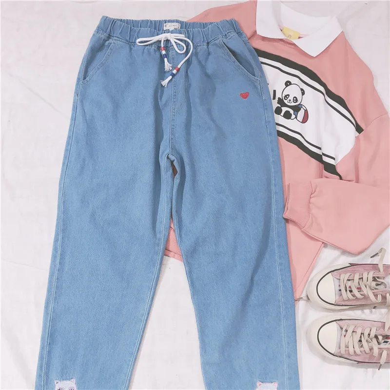 Осенние новые японские Harajuku kawaii Wild свободные джинсы с высокой талией и вышивкой кота женские маленькие свежие штаны для девочек в Корейском стиле