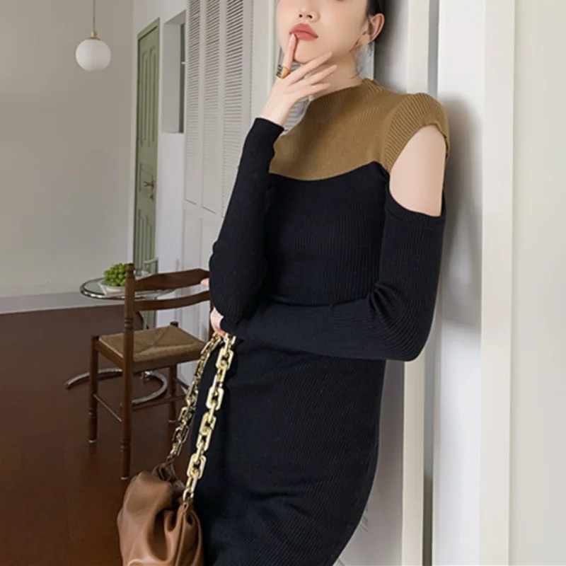 

Knitted Sweater Dress Women Evening Party One Piece Dress Korean Fashion 2021 Winter Long Sleeve Y2k Midi Dress Female Design