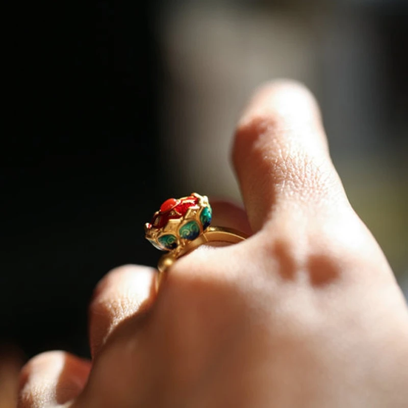 

Buddhism Lotus Floral Enamel Rotating Cocktail Ring Buddhist Tibetan Prayer Wheel Ring OM Mantra Finger Ring Good Luck