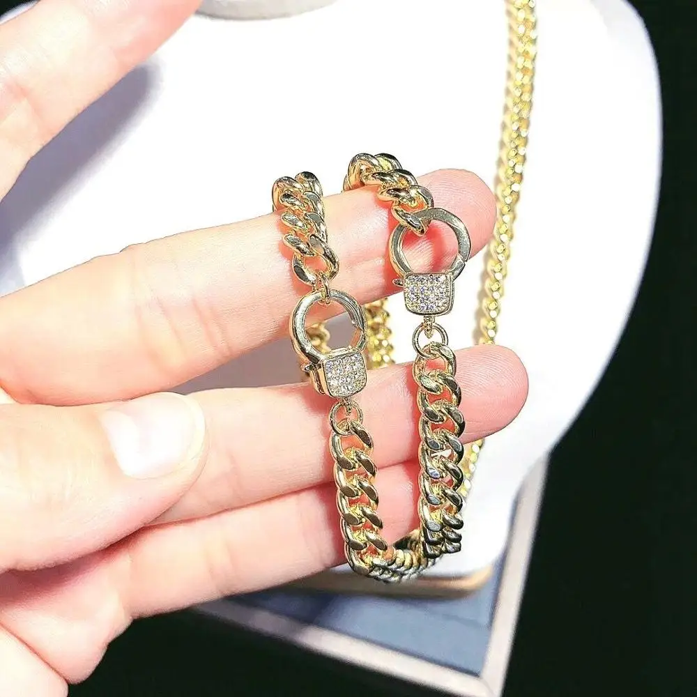 

5PCS, Gold Color Cuban Curb Link Women Mens CZ Micro Pave Lobster Clasp Chain Bracelet Jewelry