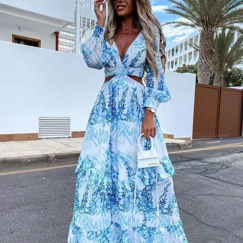 

Beach Long Dress Sexy Hollow Out Boho Deep V Neck Summer Women's Dress 2021 Print Ruffle Party Long Sleeve Maxi Dresses Designer