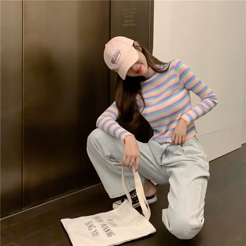 Vangull женский свитер в радужную полоску джемпер вязаная одежда модные облегающие