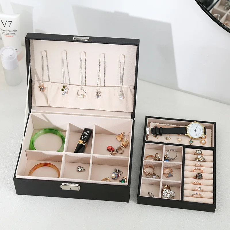 

Double-Layer New Design Pu Leather Jewelry Box Wooden Case Princess Display Holder Women Girls Gift with Lock