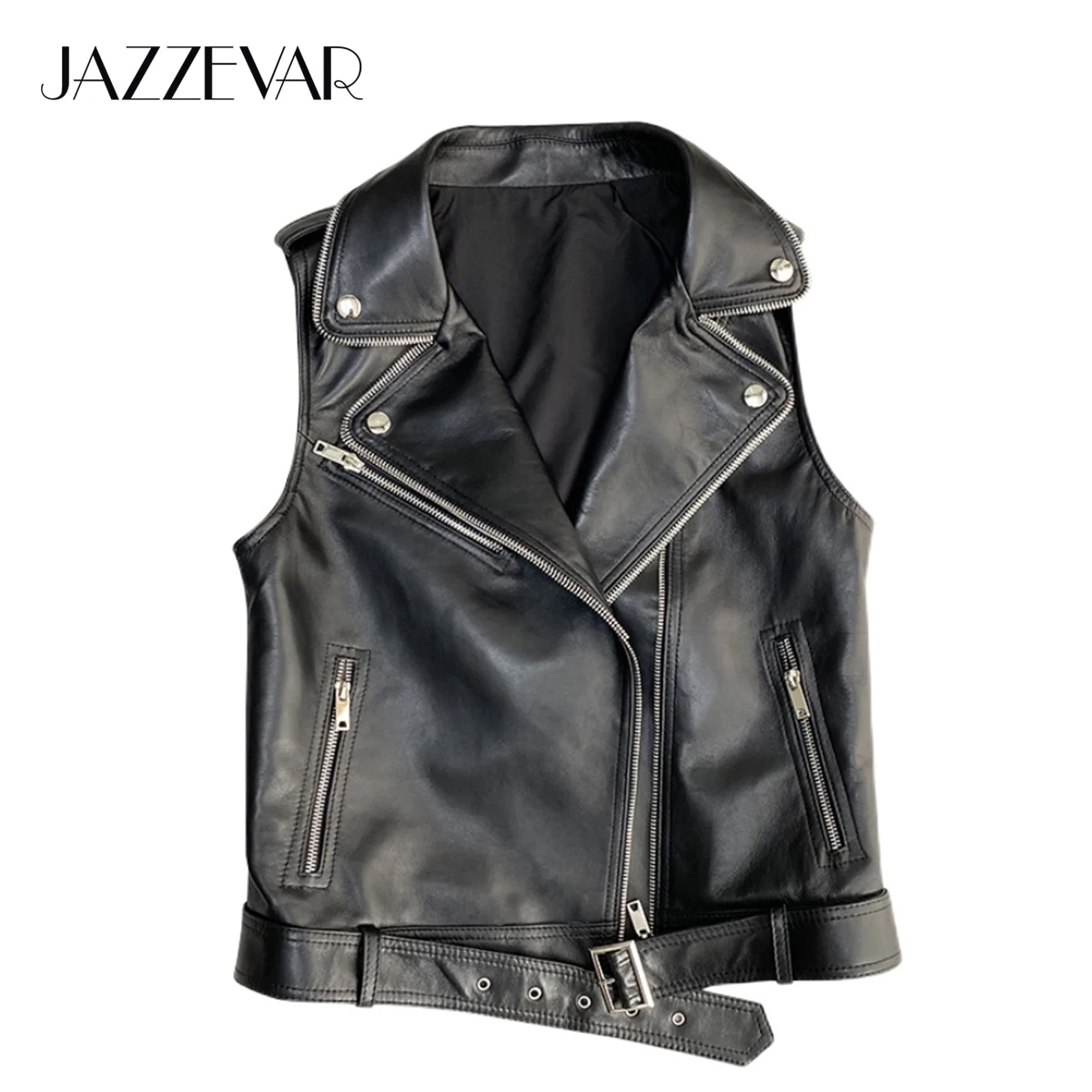 JAZZEVAR 2021 New High Fashion Street Women Real Sheep Skin Zipper Leather Vest Female Genuine Leather Black Motorcycle Jackets
