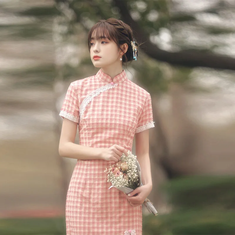 

Летние Moden в винтажном стиле; С воротником «Мандарин», розового цвета в клетку, с принтом Cheongsam женская традиционная китайская Стиль Классич...