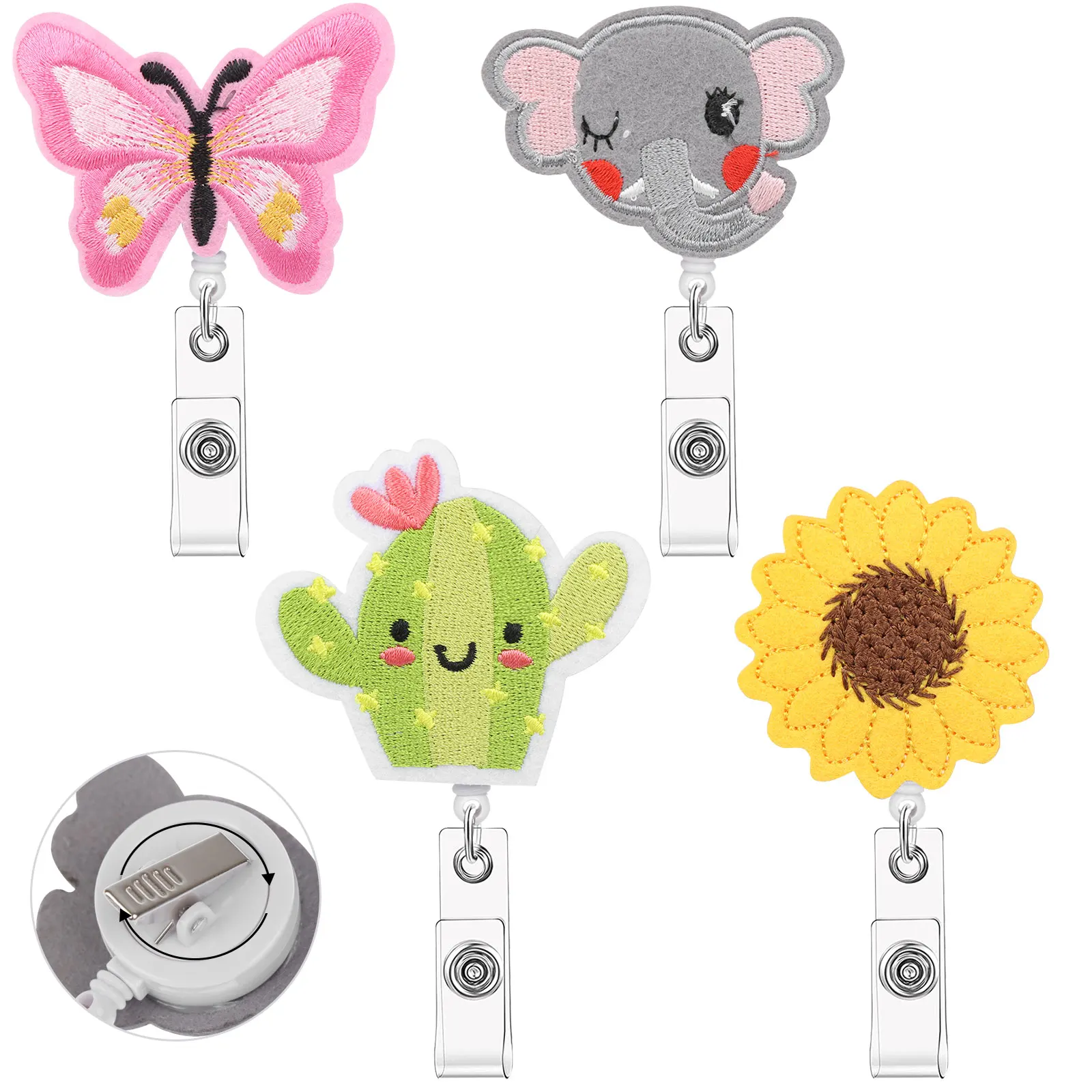 

4 Pieces Felt Badge Reels Retractable Cute Name Card Holder Butterfly Cactus Bad
