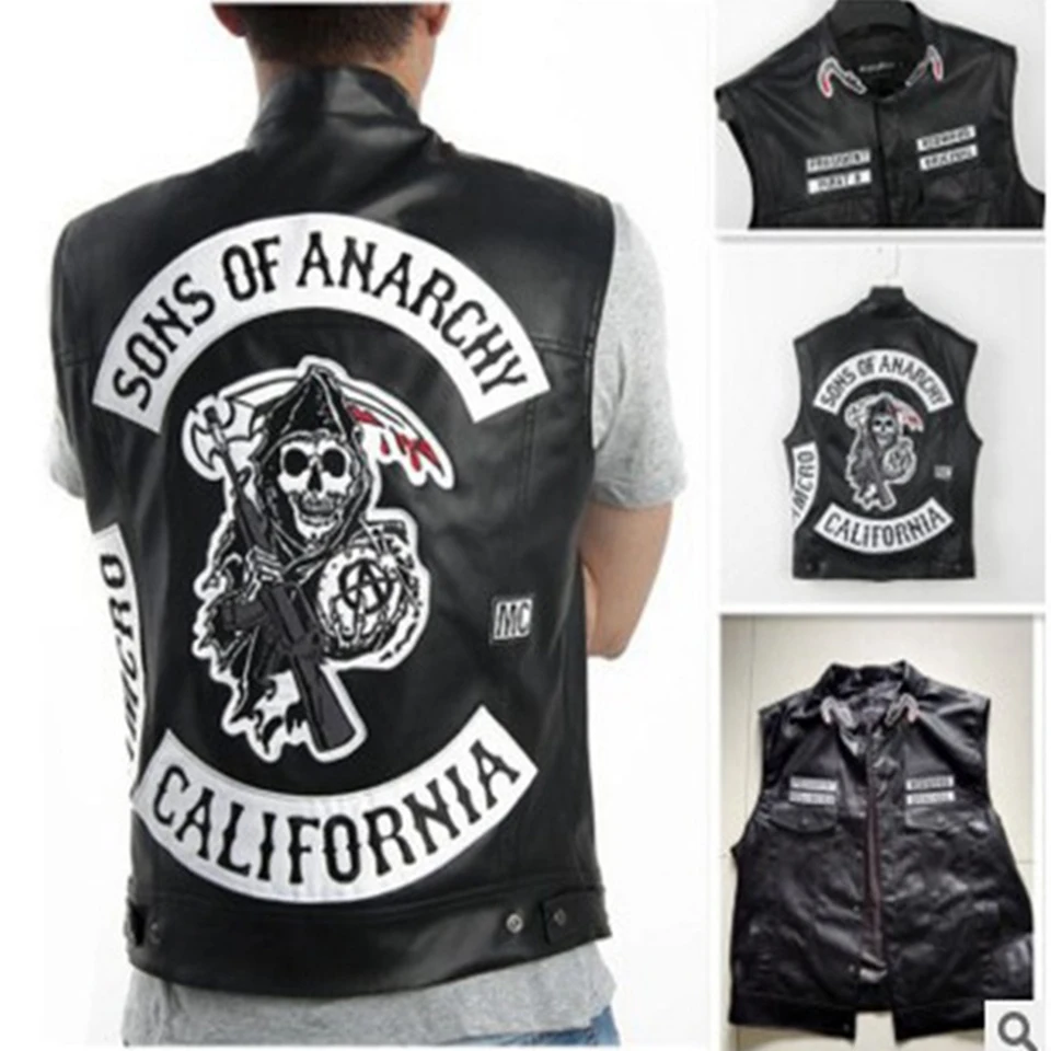 2019 new fashion sons of anarchy embroidery leather rock punk vest cosplay costume black color motorcycle sleeveless jacket free global shipping