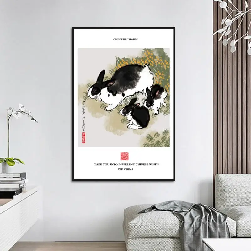 

Retro Chinese Style Ink And Light Color Inkjet Printing Animal Rabbit Study Room Hotel Creative Decorative Painting