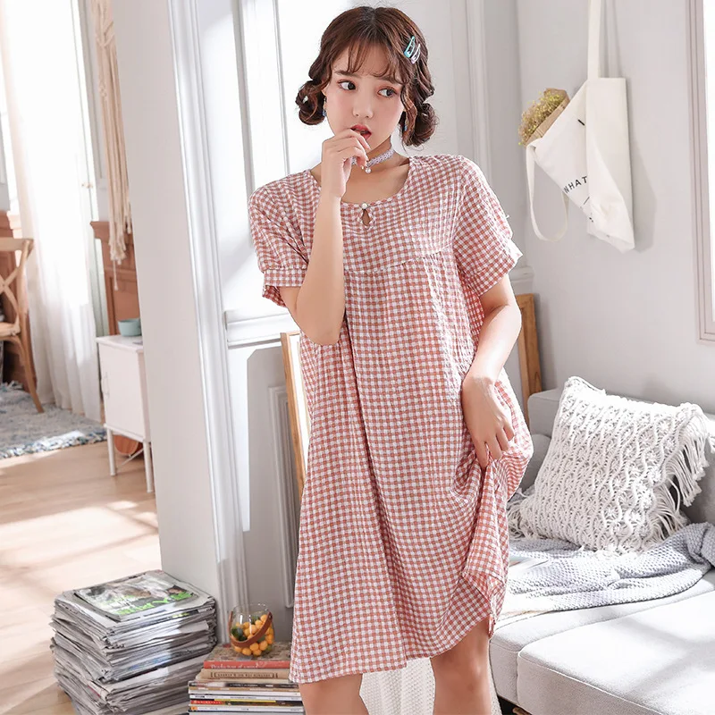 

Spring New Womens Nightdress Cotton Round-Neck Short Sleeve Plaid Cute Homewear Thin Sleepdress Vintage Nightgown Nighties Girl
