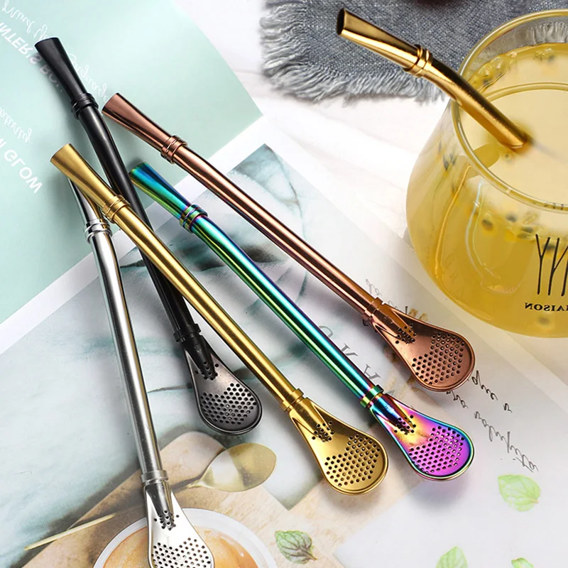 

Stainless Steel Straw Tea Filter Stirring Spoon Reusable Drinking Straw Strainer Pro Tea Drinking Tools 7 colors