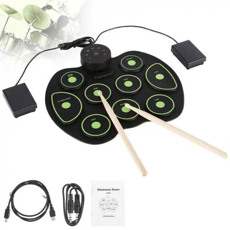 Портативный электронный силиконовый барабан с 9 насадками барабанами и педалью