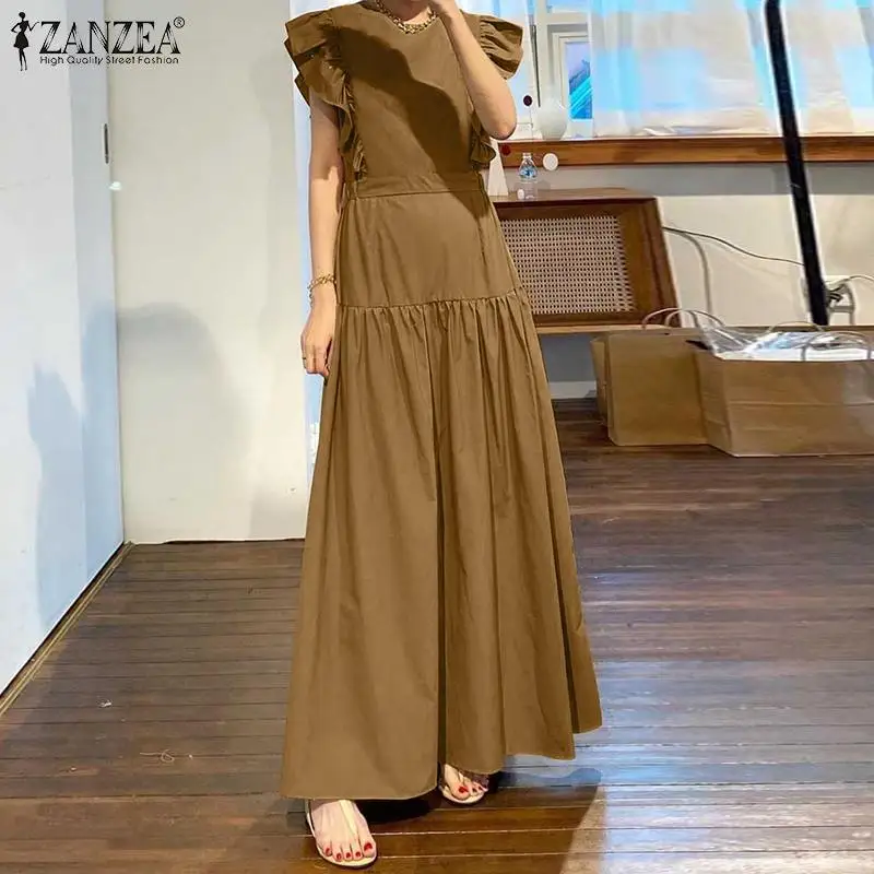 

ZANZEA Ruffle Women Dresses 2021 Summer Vintage Maxi Vestidos Casual Solid Sleeveless Loose Sundress Ladies O-neck A-line Robe