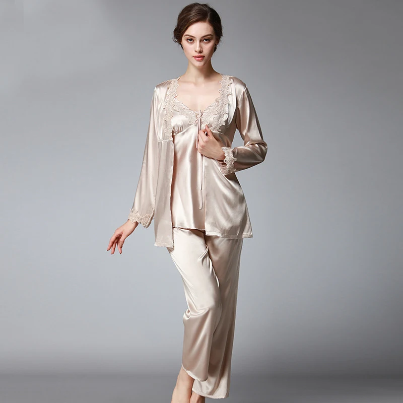 

Owiter Silk Pyjamas Sleepwear 3 Pieces Pajama Sets Women's Sexy Lace Lingerie Wedding Robes Sleep Wear Lounge Lingerie