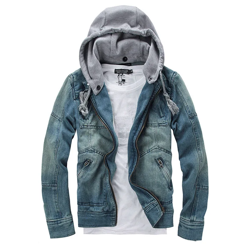 Мужская весенне осенняя одежда джинсовая куртка с капюшоном на молнии можно