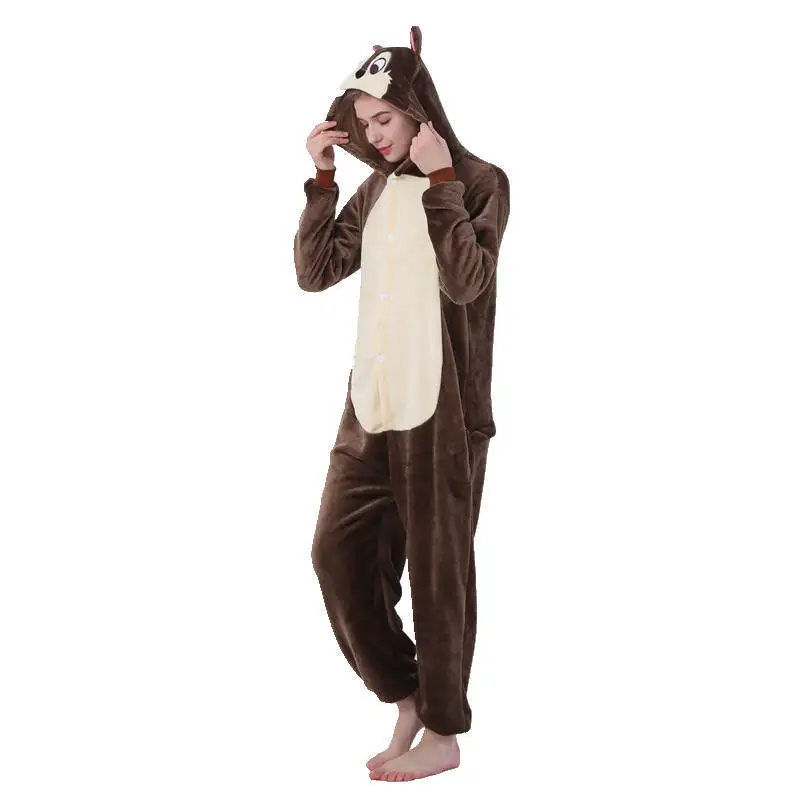 Cute Cartoon Kigurumi Squirrel Pajamas Long Sleeve Hooded Onesie Adult Women Animal Halloween Christmas Sleepwear